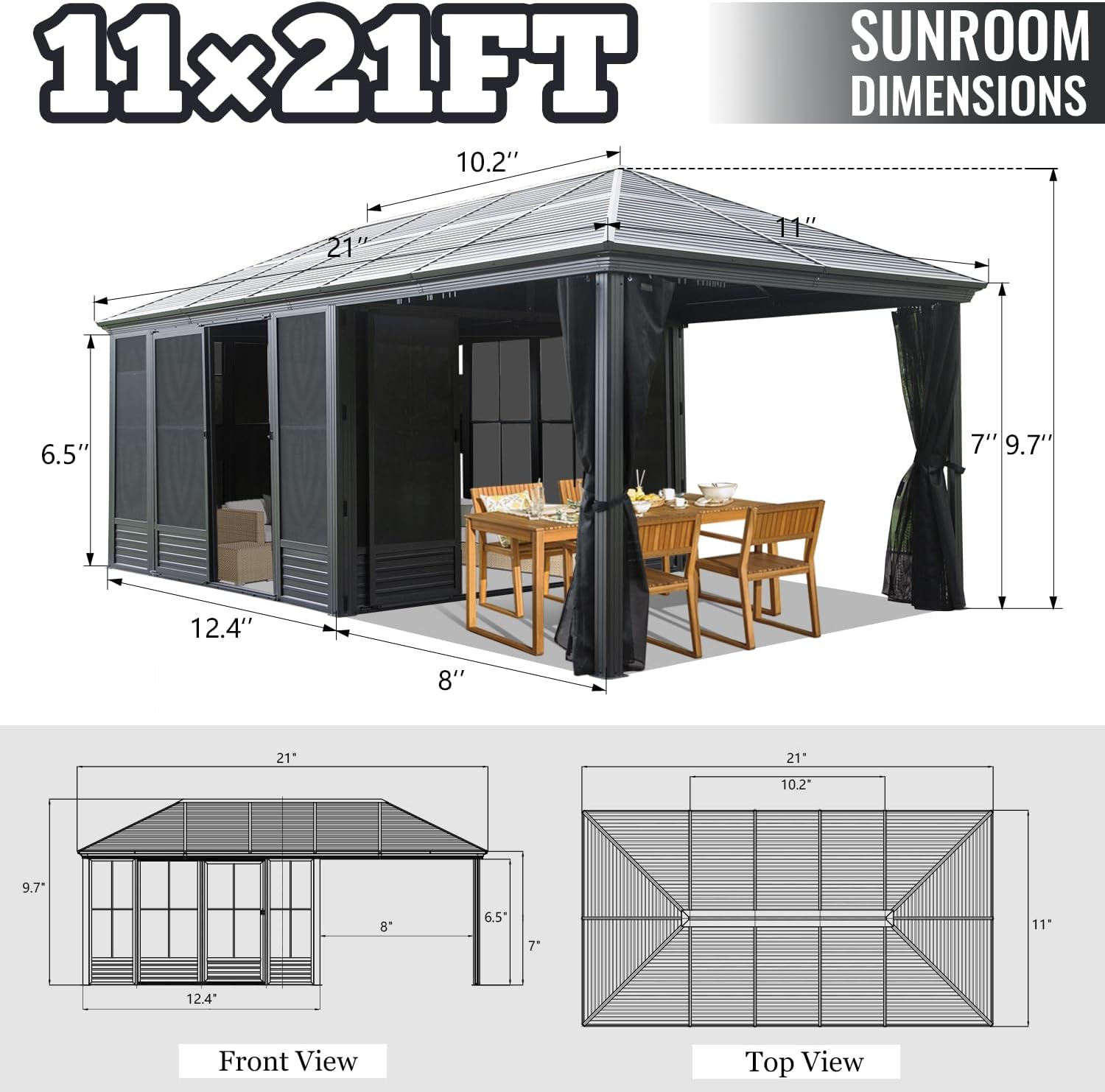 Domi 11x21FT Outdoor Sunroom Gazebo, Aluminum Solarium with Galvanized Steel Sloping Roof, Detachable PE Screens, 2 Lockable Sliding Doors, Hardtop Sun Room with Netting&Curtains for Patio Deck Garden