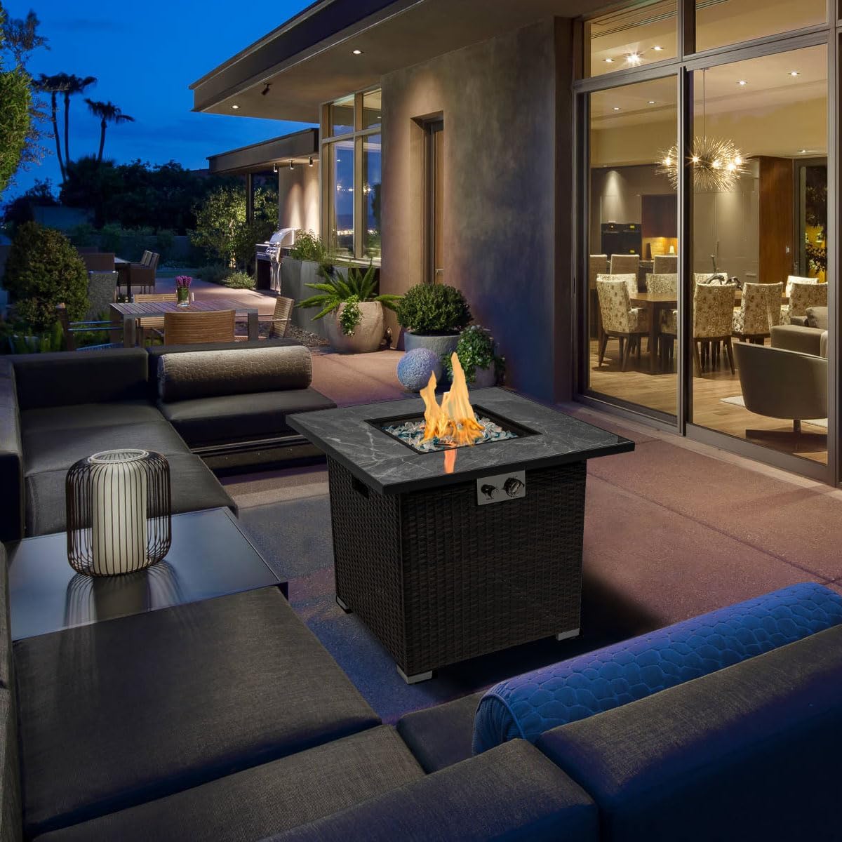 30'' Propane Fire Pit Table, Marble Textured Ceramic Tabletop, 50,000 BTU Fire Table with Brown Wicker, Mix Color Glass Rocks, Including Lid&Cover, Square