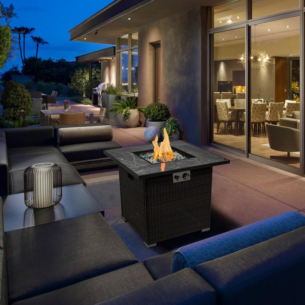 30'' Propane Fire Pit Table, Marble Textured Ceramic Tabletop, 50,000 BTU Fire Table with Brown Wicker, Mix Color Glass Rocks, Including Lid&Cover, Square