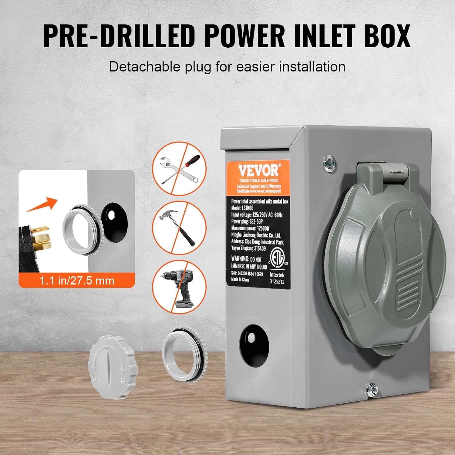 VEVOR 50 Amp Generator Cord and Power Inlet Box Kit, 15FT Generator Extension Cord NEMA 14-50P/SS2-50R STW 6/3+8/1 AWG with Twist Lock Connector, Pre-Drilled Inlet Box, ETL Listed
