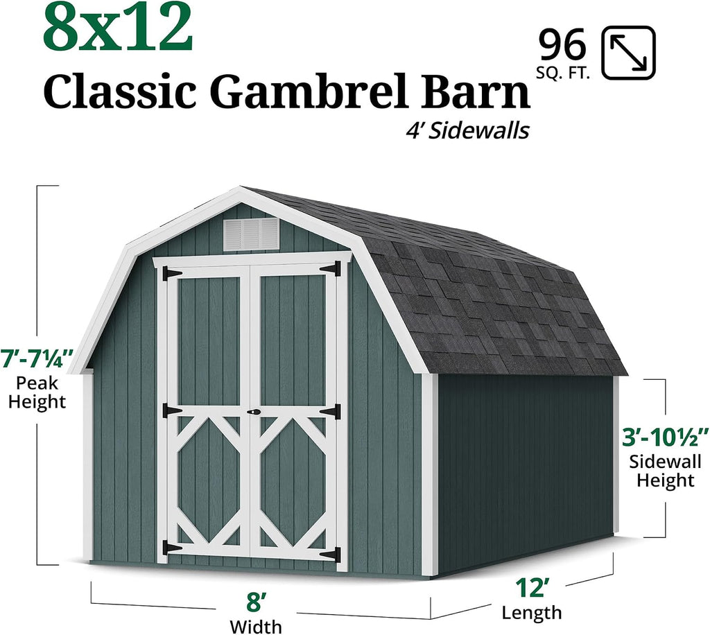 Little Cottage Co. 8x12 Classic Gambrel Barn with 4 ft. Sidewalls with Floor, Outdoor Wood Storage Shed Do-It-Yourself Precut Kit