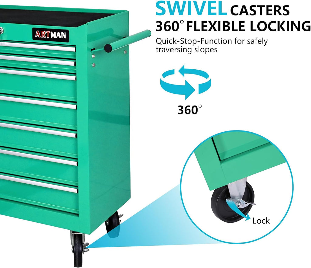 7 Drawers Tool Cart on Wheels, 7 Drawer Rolling Tool Chest with Key Lock, Trolley Organizer Tool Case, Multifunctional Rolling Tool Box for Garage,Warehouse,Workshop,Repair Shop (Green)