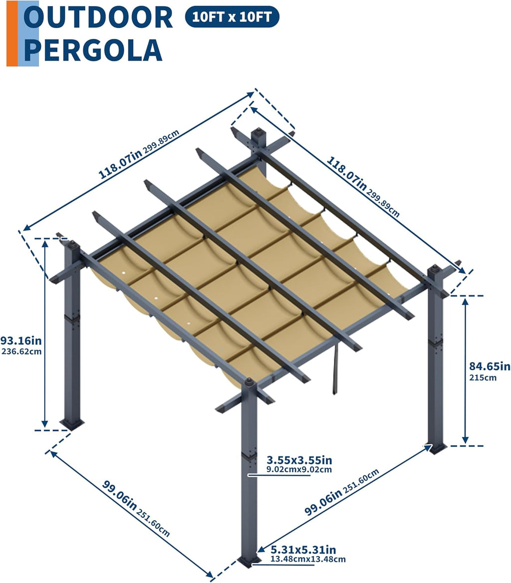 GarveeLife 10x10 ft Aluminum Pergola, Outdoor Metal Gazebo with Adjustable Canopy, Reinforced Frame Outdoor Shelter for Backyard, Patio Lawn and Deck - Khaki