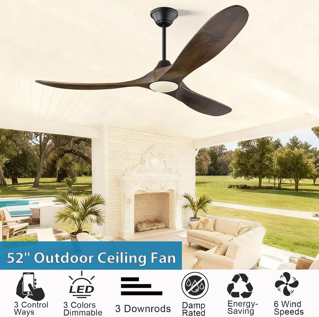 52 Inch Outdoor Smart Ceiling Fan with Lights Damp Rated for patios, 3 Blades Solid Wood, ETL Listed Indoor Exterior, 6-Speed Noiseless Energy Efficient DC Motor Matte Black Finish with Walnut Blades