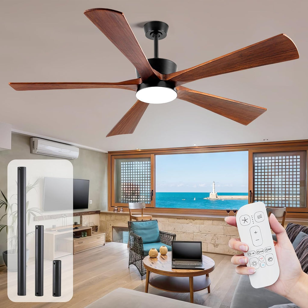60 Inch Outdoor Ceiling Fans with Light, Rustic Farmhouse Solid Wood Ceiling Fan with Light Quiet Large Airflow DC Motor, Damp Rated Indoor Exterior Ceiling Fan for Patios Porch Gazebo Bedroom Office