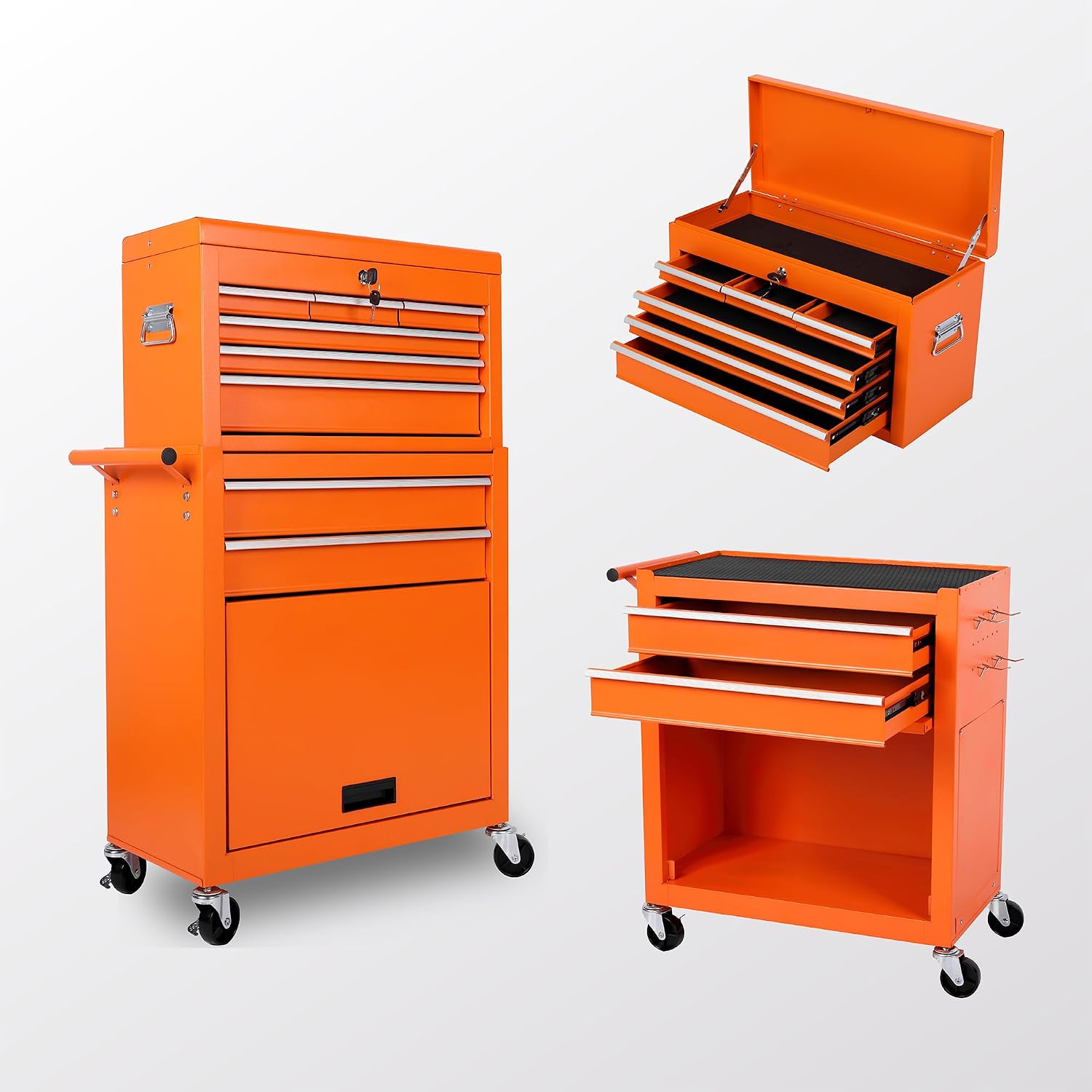 8 Drawers Tool Chest on Wheels with 1 Cabinet, Detachable Portable Top Box, Multifunctional Lock Rolling Tool Storage Case Organizer Set, Tool Cart with Side Hooks for Garage & Workshop