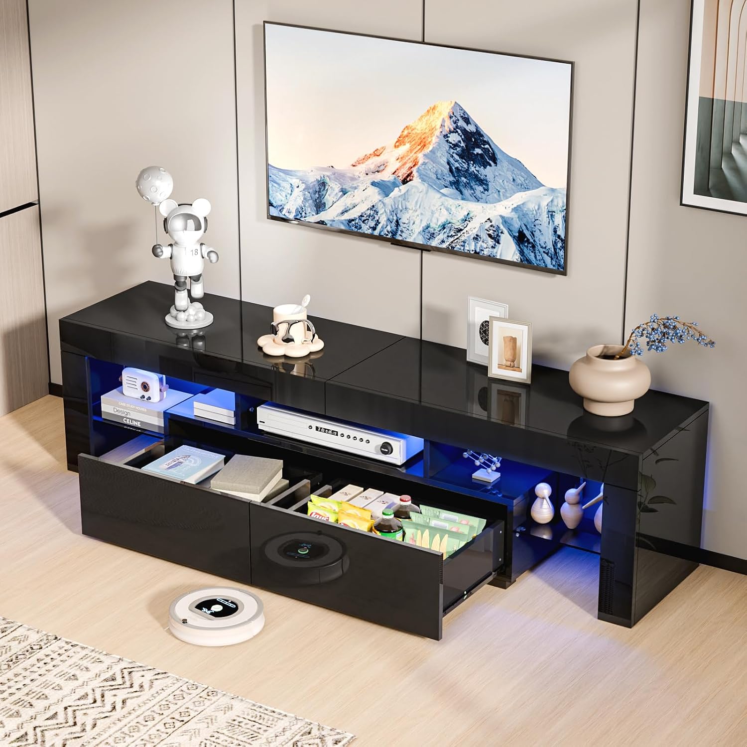 Bonnlo 63' LED TV Stand, Modern Black Entertainment Center with LED Lights and Storage for 55/60/65/70 Inch TVs, High Gloss Design for Living Room and Bedroom (Black, 63'' x 14'' x 18'')