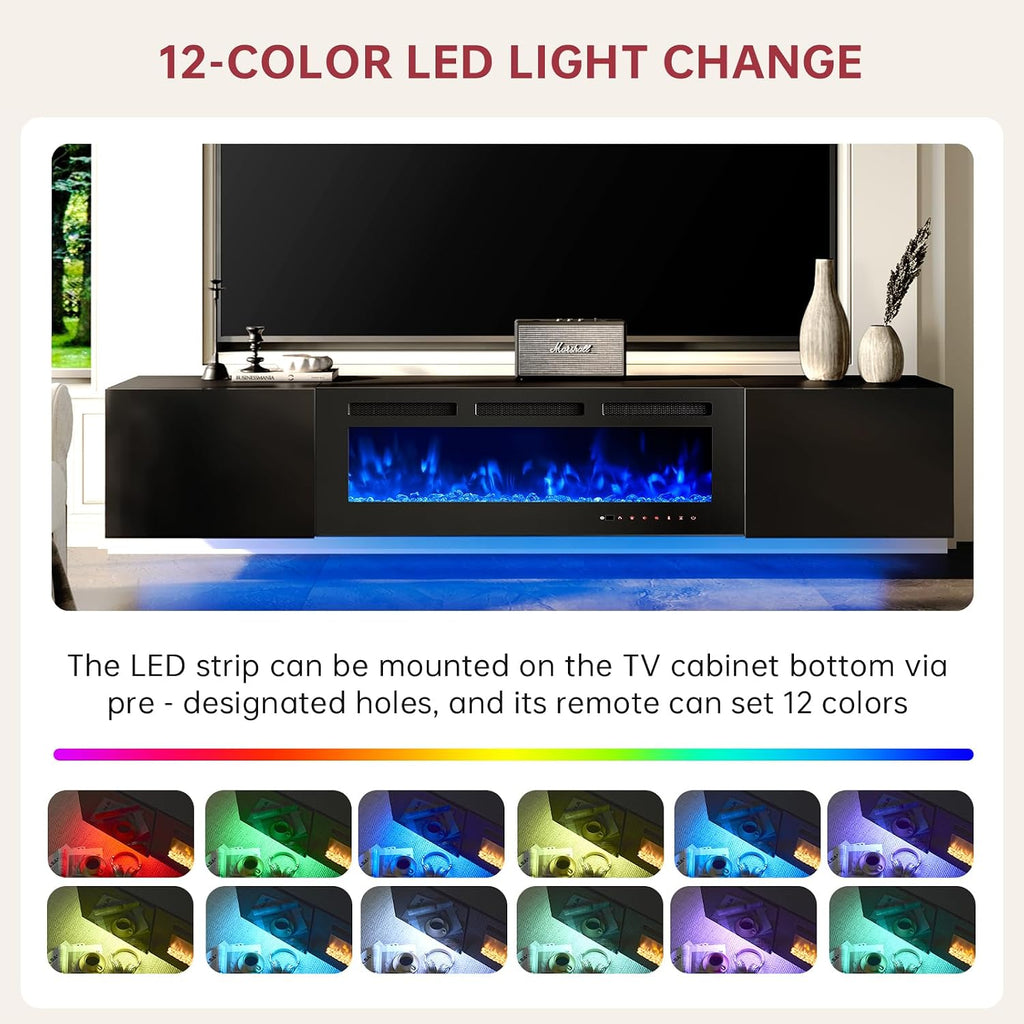 oneinmil 80' Floating TV Stand with 40' Electric Fireplace, Modern Entertainment Center with Storage, Adjustable 12-Color LED Lights, Fire Place TV Console for Living Room, All Black