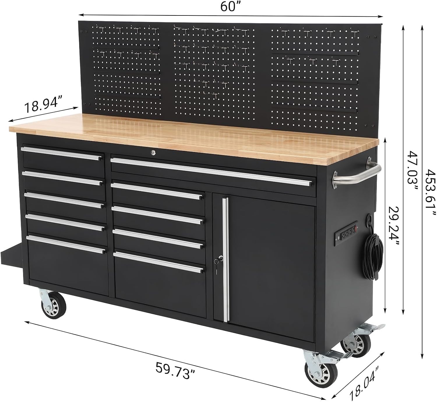 Garvee Rolling Tool Chest, 61 in Garage 10 Drawers Workbench Storage Tool Cabinet with Solid Rubber Wood Top, Power Strip, 1675 LBS Load Mobile Workstation, Heavy Duty Rolling Cabinet, Black