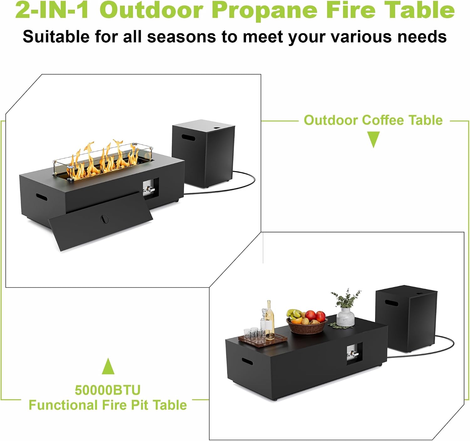 Dineli 2-Piece Outdoor Propane Fire Pit Table Set w Tank Table 42'' Rectangular Firepit Gas Fire Pits for Outside Patio Fire Table Tabletop Fire Pits w LED, 50,000 BTU, Black