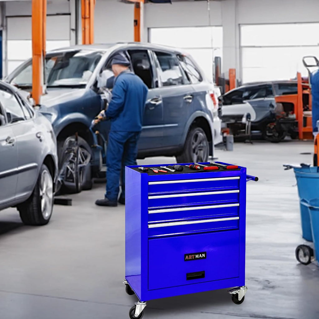 4 Drawers Rolling Tool Cart on Wheels, Trolley Organizer Tool Case Tool Chest, Multifunctional Tool Storage Tool Box for Workshop, Garage, Warehouse, Repair Shop(24.2' W×12.9' D×29.9' H-Blue)