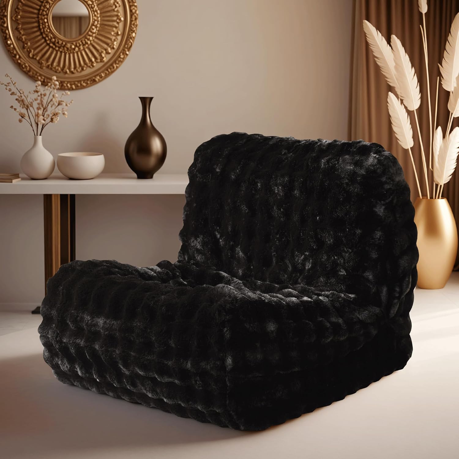ovios Bean Bag Chair for Adult, Giant Beanbag with Plush Faux Fur, Comfy Large Big Lounger Floor Lazy Chair for Indoor Fireside Living Room Bedroom Dorm, Black