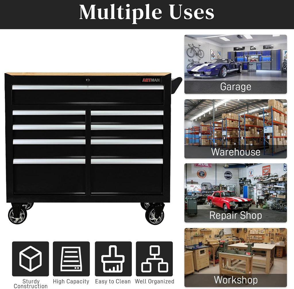 Rolling Tool Chest with Wheels, 9 Drawer Metal Tool Cabinet, Large Tool Cart for Garage, Warehouse, Workshop, Repair Shop, Black
