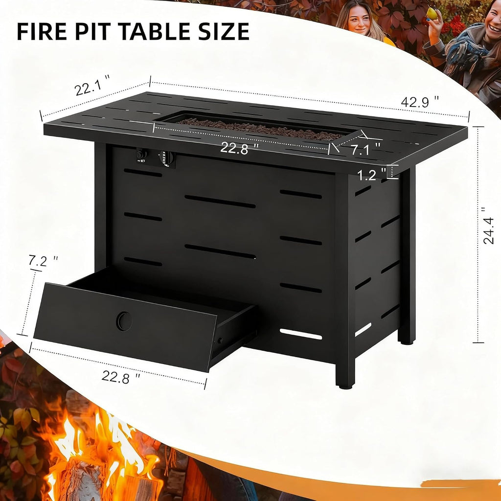 43 Inch Propane Fire Pit Table for Patio & Backyard, 50,000 BTU Steel Gas Fire Pit with Lid & Lava Rocks, Outdoor Table Heater for Deck, Garden, Smokeless Flame