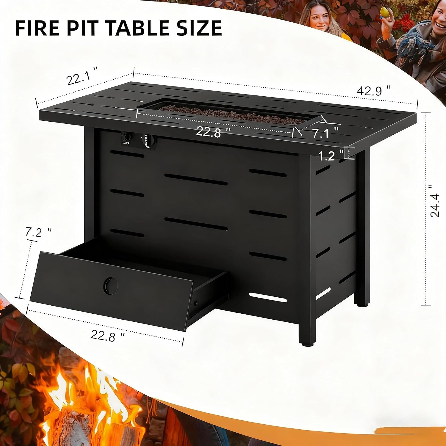 43 Inch Propane Fire Pit Table for Patio & Backyard, 50,000 BTU Steel Gas Fire Pit with Lid & Lava Rocks, Outdoor Table Heater for Deck, Garden, Smokeless Flame