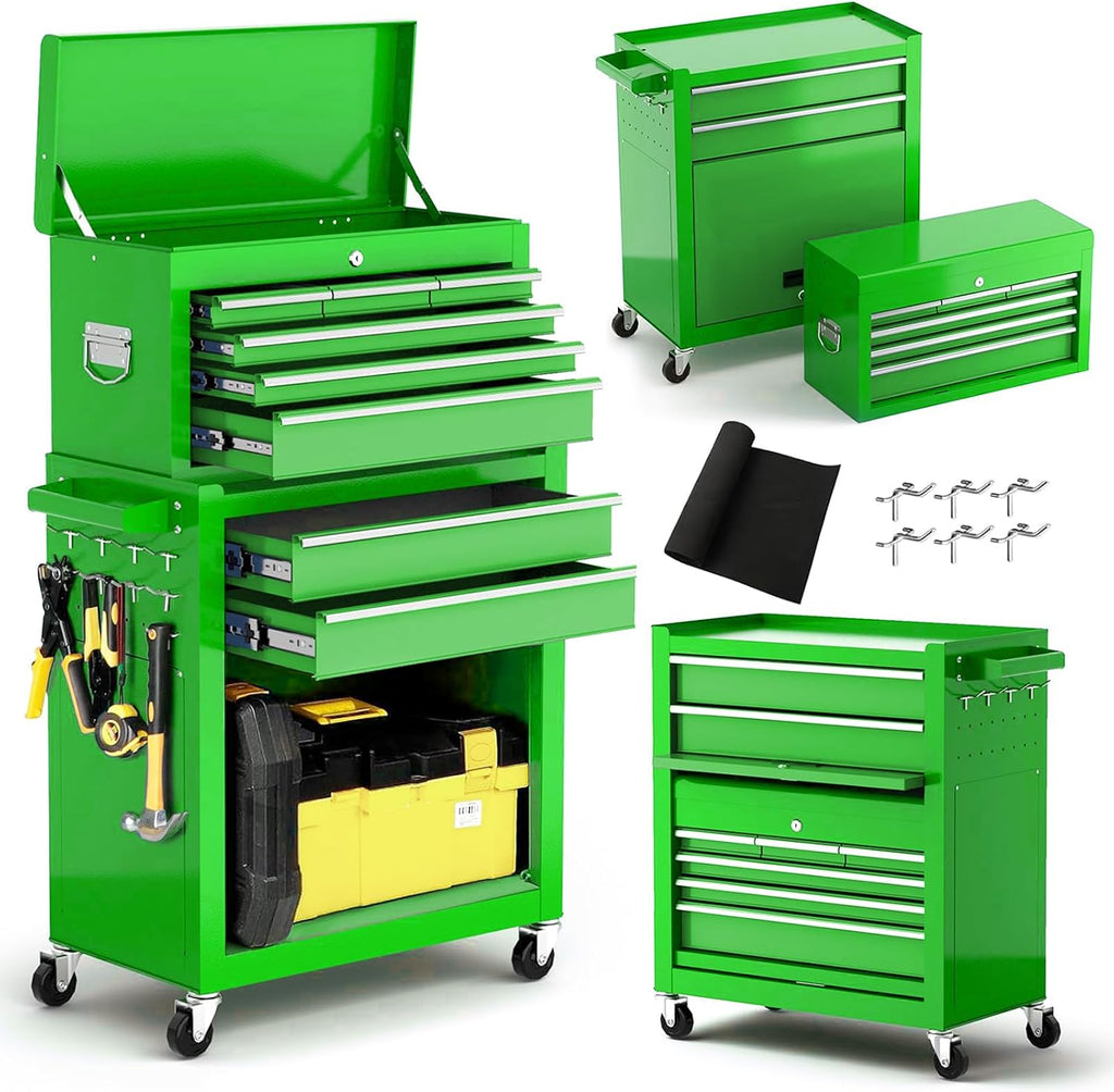 Dawmilon 8-Drawer Rolling Tool Chest, 2-in-1 Detachable Tool Box Cabinet with Wheels, Lockable Metal Tool Storage with Liners for Garage Workshop, Green