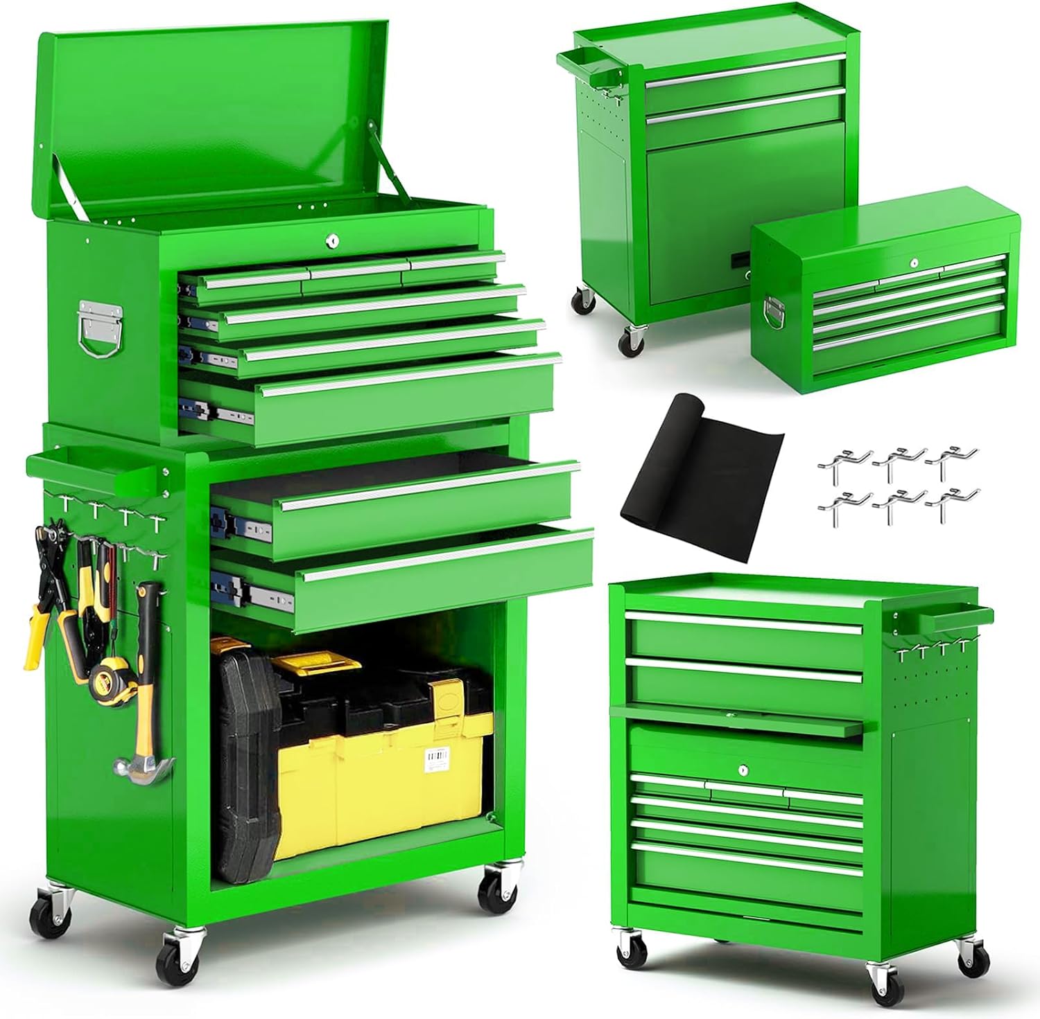 Dawmilon 8-Drawer Rolling Tool Chest, 2-in-1 Detachable Tool Box Cabinet with Wheels, Lockable Metal Tool Storage with Liners for Garage Workshop, Green