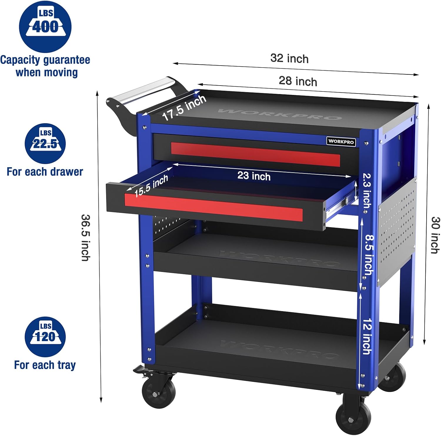 WORKPRO Premium 28' 2-Drawer Rolling Tool Cart, Heavy Duty Utility Industrial Service Cart Storage Organizer with Wheels and Locking System, for Mechanic, Warehouse, Garage, Workshop, 400 lbs Load