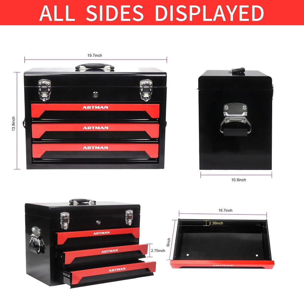 20' Portable 3 Drawer Steel Toolbox, 4 Layers of Tools with Metal Latches, with Top Storage Tray and Carrying Handle, Multi-Function Tool Storage for Garage, Home,or Workbench