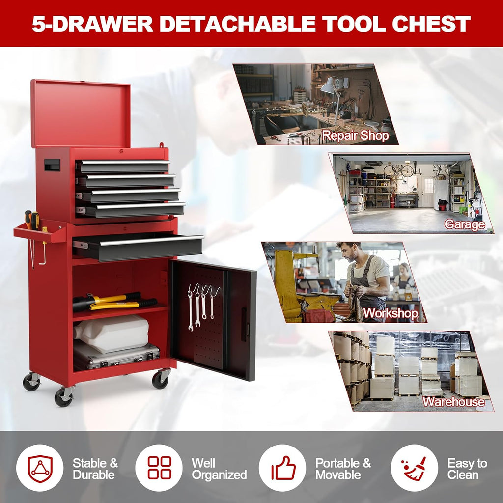 IRONMAX Rolling Tool Chest, Lockable 5-Drawer Tool Cabinet w/Tool Side Slot & Universal Wheels, 2 in 1 Detachable Tool Box Storage Organizer for Garage Workshop Auto Shop