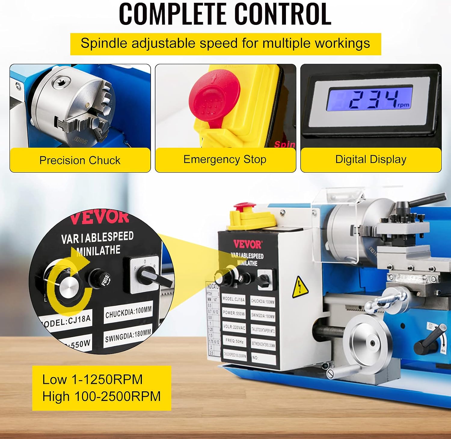 VEVOR Metal Lathe, Upgraded Digital Display 7'x14' Benchtop Metal Lathe 550W Variable Speed 2250RPM with 3-jaw Chuck CNC Mini Lathe Machine Precision Mini Lathe Tool Box for Metal Turning