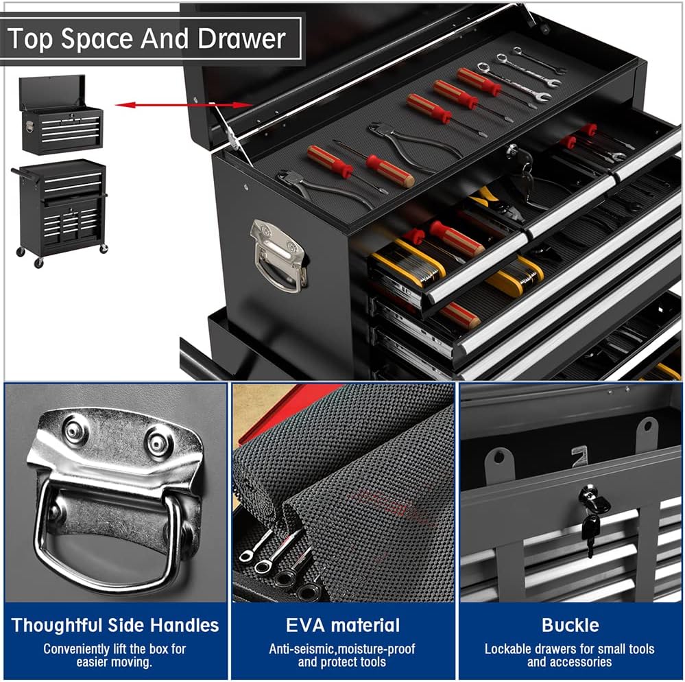 High Capacity Rolling Tool Boxes with Wheels and Drawers, 8-Drawer Storage Cabinet,Detachable Organizer Combo,Mobile Lockable Toolbox for Workshop Mechanics Garage (Black)
