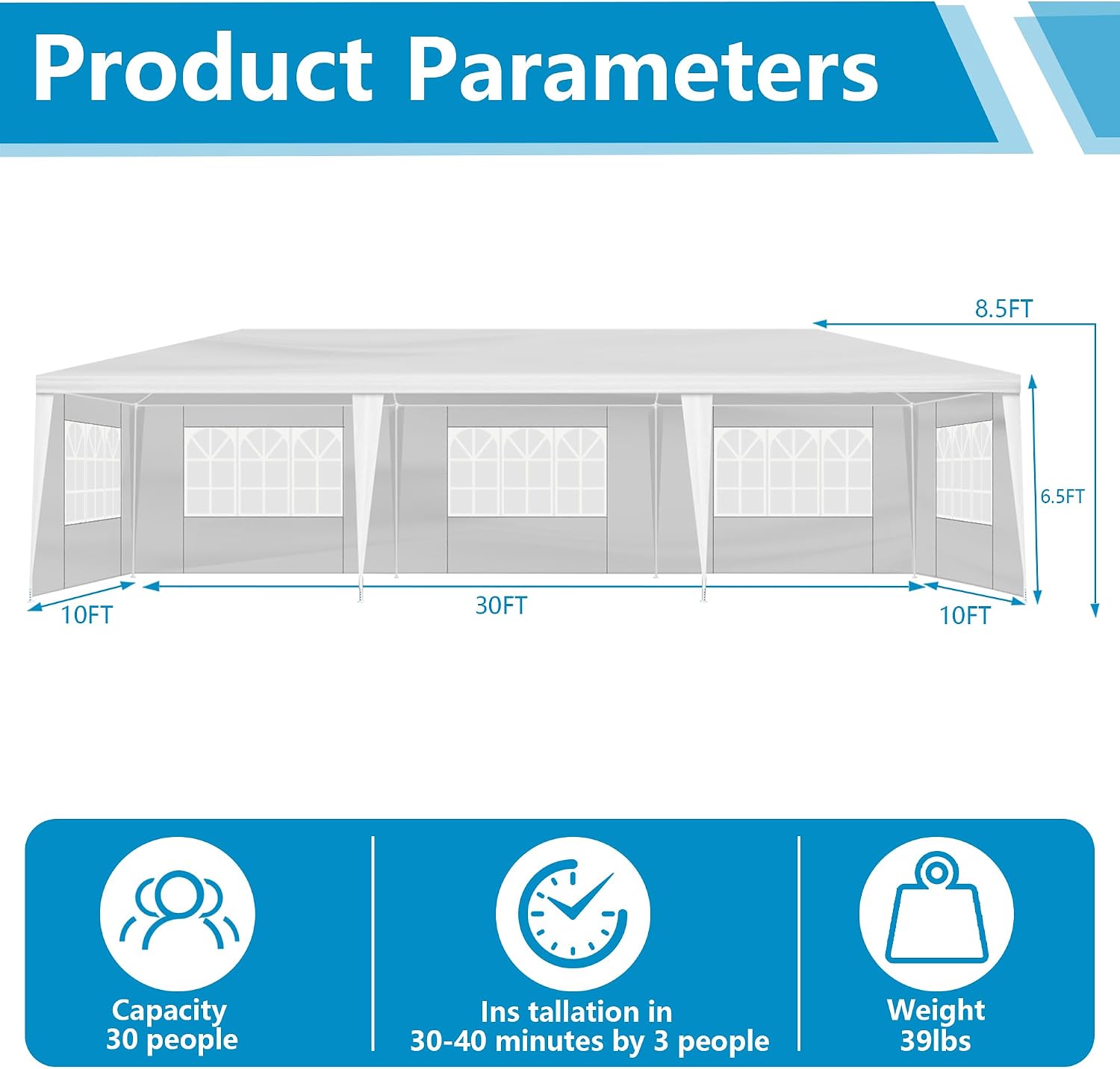 Nyckolas White 10x30 Outdoor Canopy Tent for Party,5 Removable Sidewalls with Windows,Sunshade & Waterproof,Heavy Duty Metal Frame,Easy to Assemble,Perfect for Outdoor Events,Party,Backyard,Camping