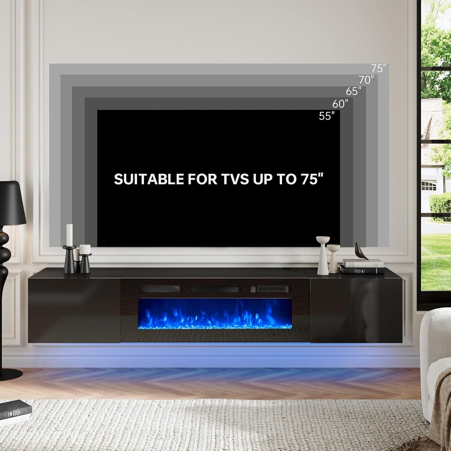 oneinmil 70' Floating TV Stand with 36' Electric Fireplace, Wall Mounted Fireplace Entertainment Center with Storage, Fire Place TV Console for Living Room, All Black