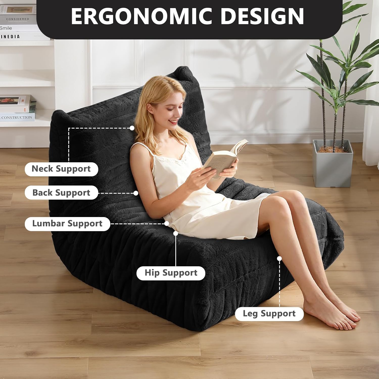 Bean Bag Chair for Adults, Giant Bean Bag Sofa Oversized Beanbag Chairs, Fireside Bean Bag Couch with High Density Sponge Filled Large Bean Bags Chair for Apartment Living Room Bedroom, Black