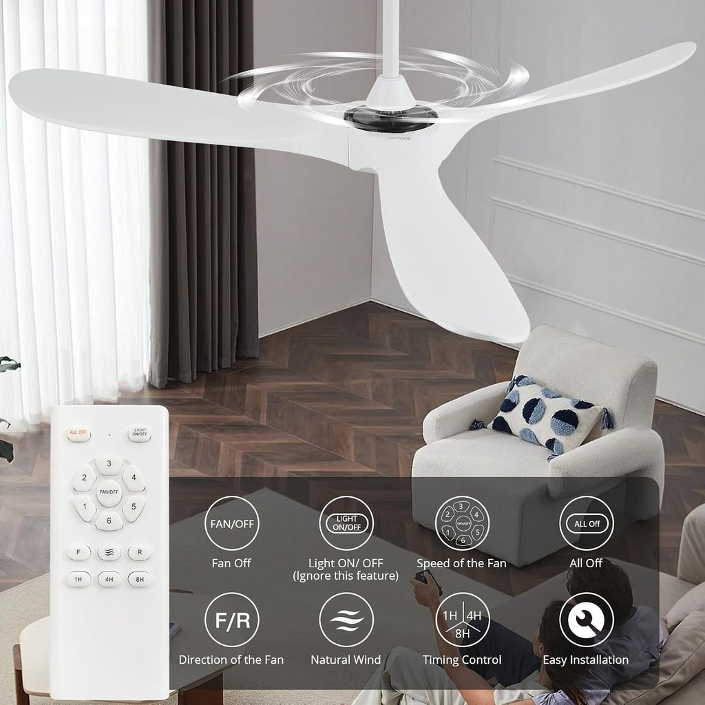 60'' Outdoor Ceiling Fan without Light,Quiet and Large Airflow with Speed Memory Function,White Ceiling Fan no Light for Living Room,Bedroom,Porch