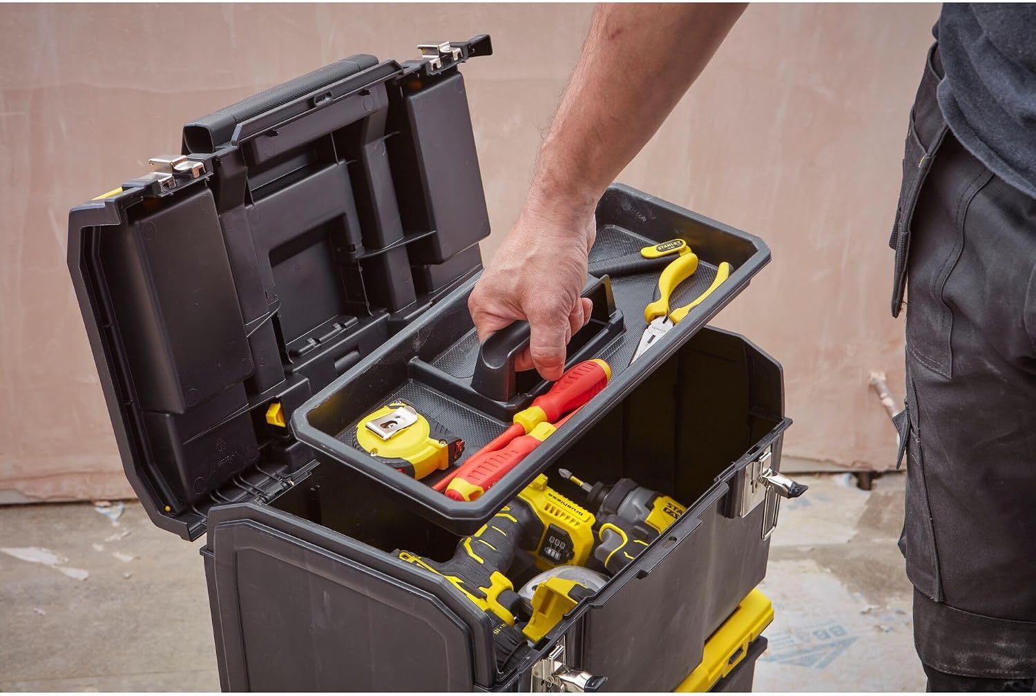 STANLEY 3 in 1 Rolling Work Centre Toolbox with Pull Handle, Detachable Toolbox with Portable Tote Tray, 1-70-326, Black