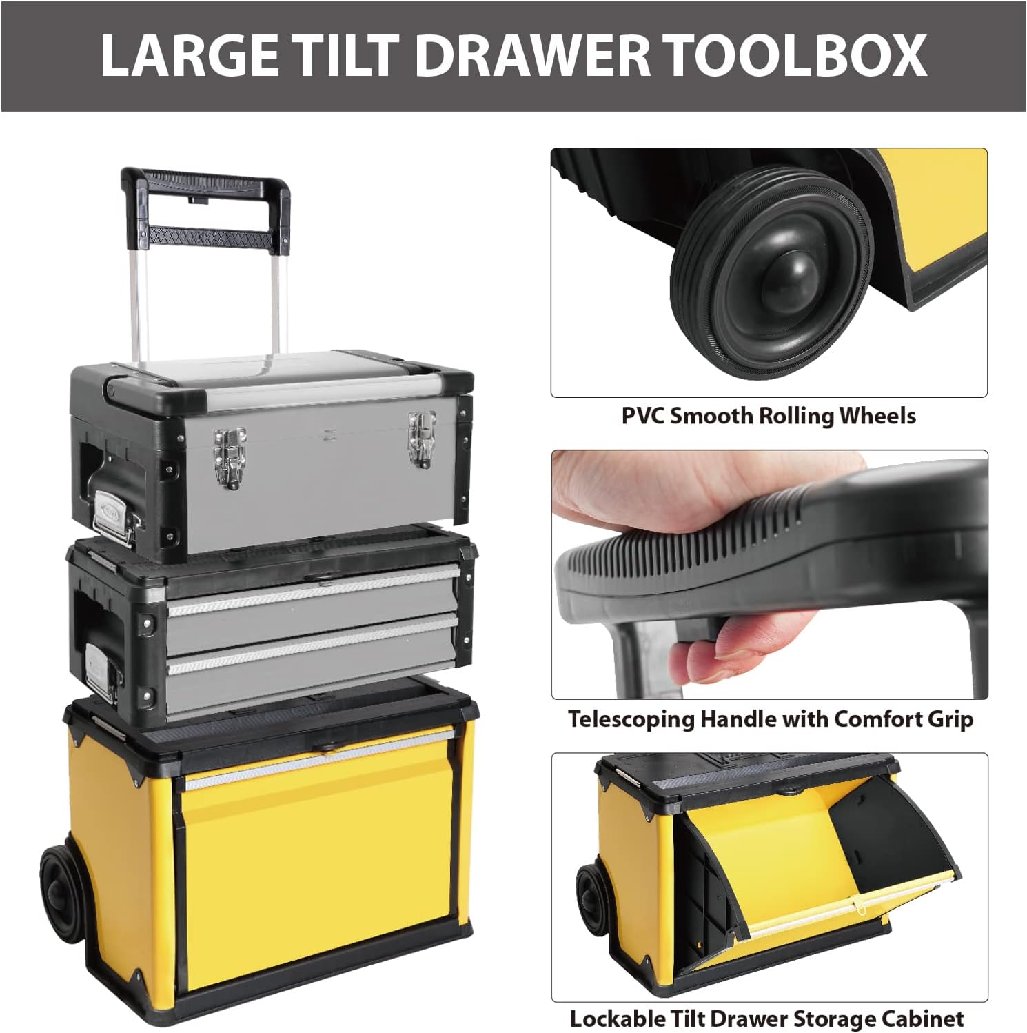 BIG RED Stackable Portable Metal Tool box Organizer with Wheels and 2 Drawers, Rolling Upright Trolley Tool Chest for Garage or Workshop,Yellow,ATRJF-C305ABDYR