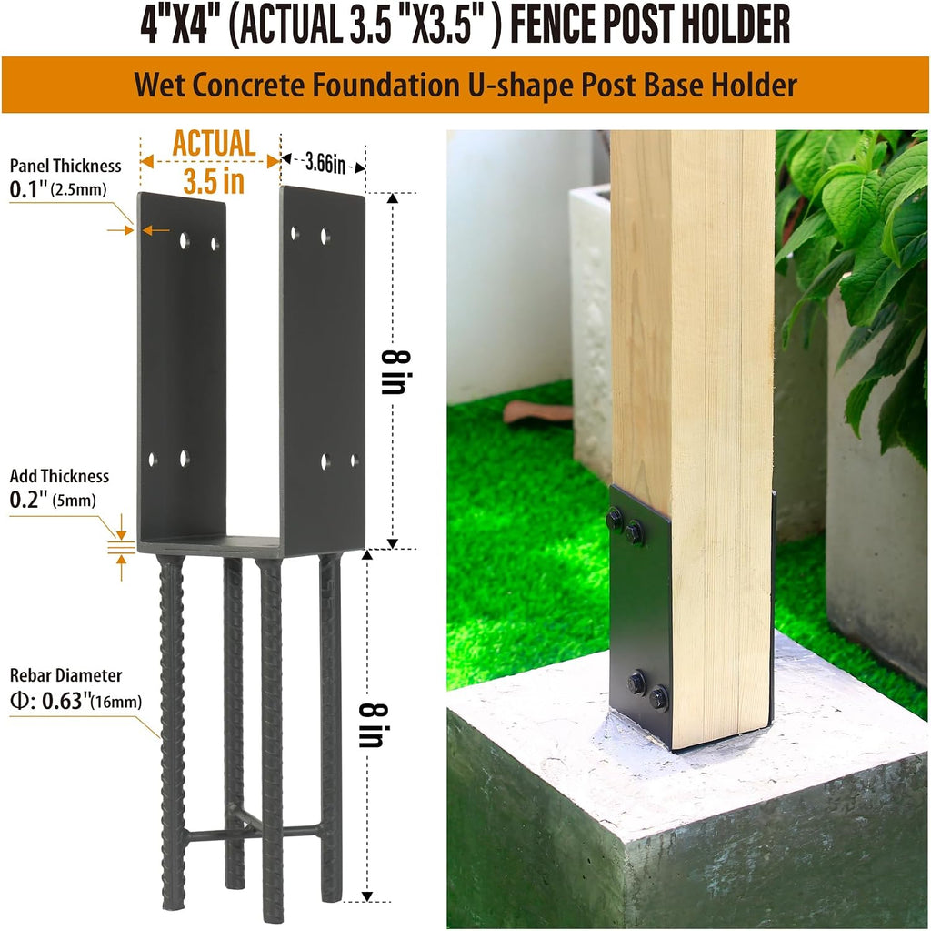 4 Pack Heavy Duty Stainless Steels U-Shape 4'x4'(Actual 3.5'x3.5') Wet Concrete Fence Post Holder, Psot Base, for Fence, Deck Railing, Pergola Wood Post Bracket Anchor (Dark Grey)