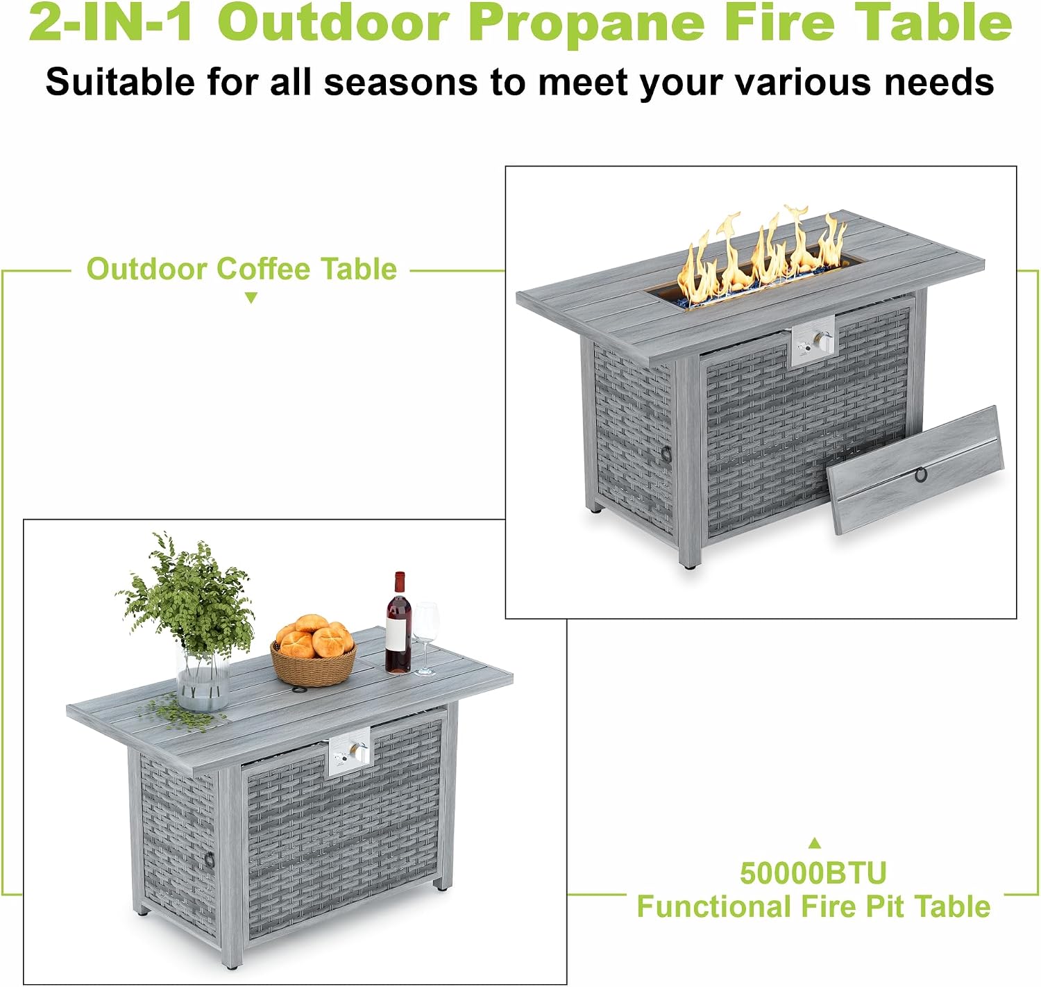 Dineli 43-Inch Rectangular Propane Fire Pit Firepits for Outside Patio Fire Pit Table, Gas Fire Pits with Adjustable Feet, Tabletop Fire Pits for Backyard Deck Balcony, 50,000 BTU, Light Gray