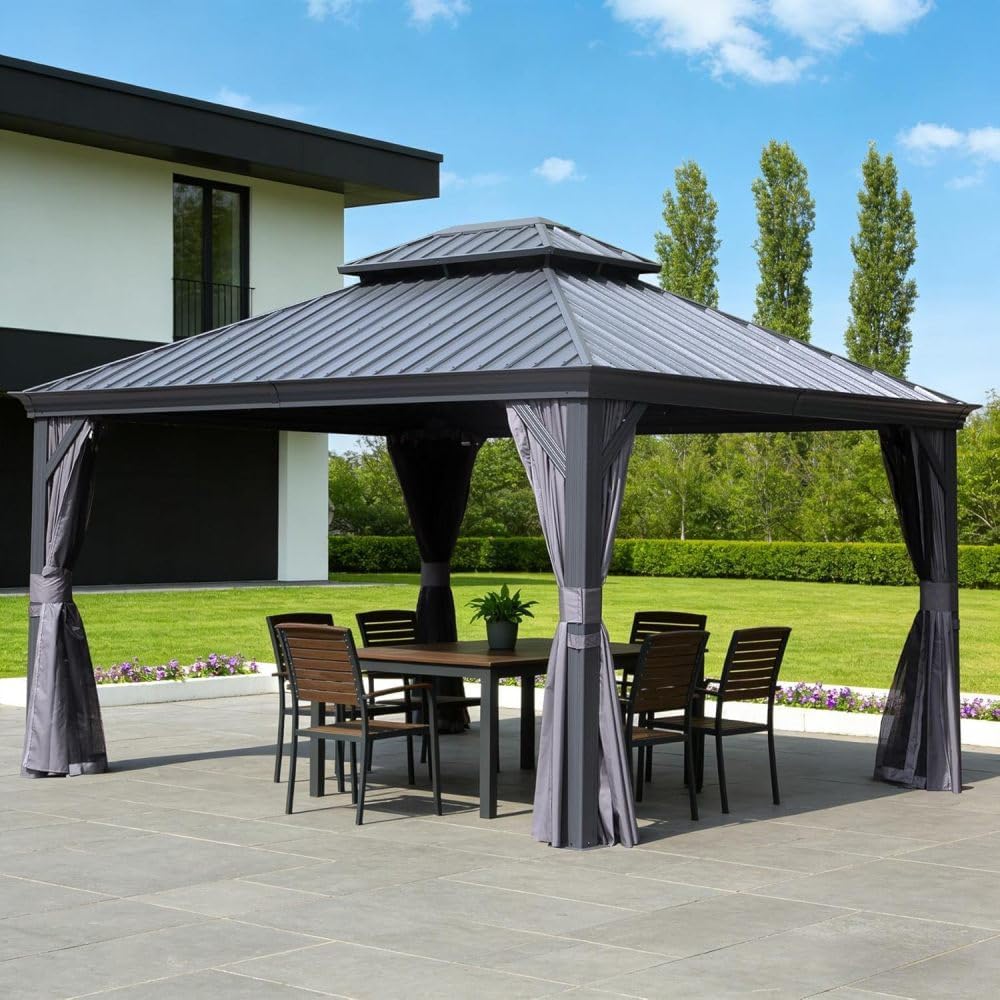 13x15FT Hardtop Gazebo with Netting & Curtains, Galvanized Steel Outdoor Gazebo, Water Resistant Double Roof with Drainage, Metal Patio Pergola for Backyard, Deck, Garden - Gray