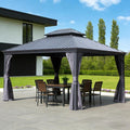 13x15FT Hardtop Gazebo with Netting & Curtains, Galvanized Steel Outdoor Gazebo, Water Resistant Double Roof with Drainage, Metal Patio Pergola for Backyard, Deck, Garden - Gray