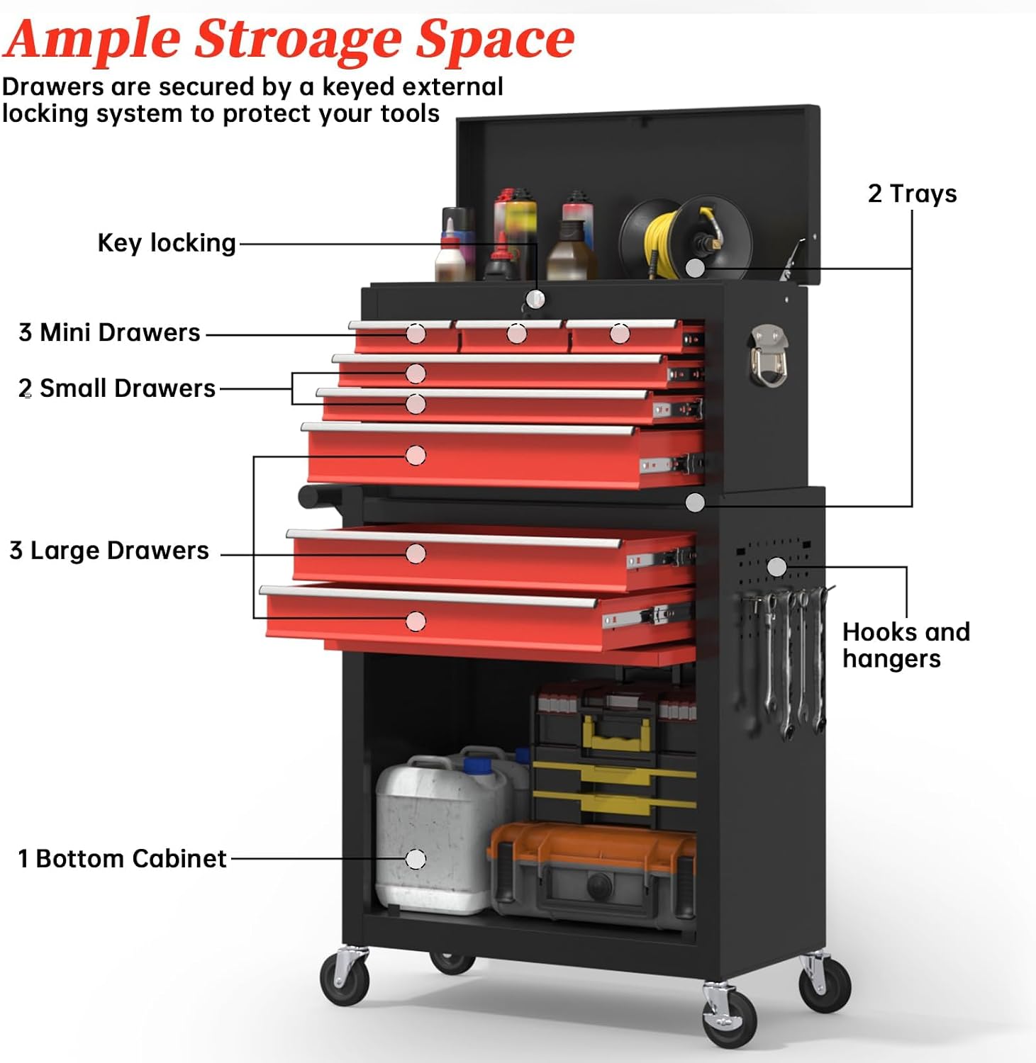 High Capacity Rolling Tool Boxes with Wheels and Drawers, 8-Drawer Storage Cabinet, Detachable Organizer Combo, Mobile Lockable Toolbox for Workshop Tool Room and Garage (BlackRed)