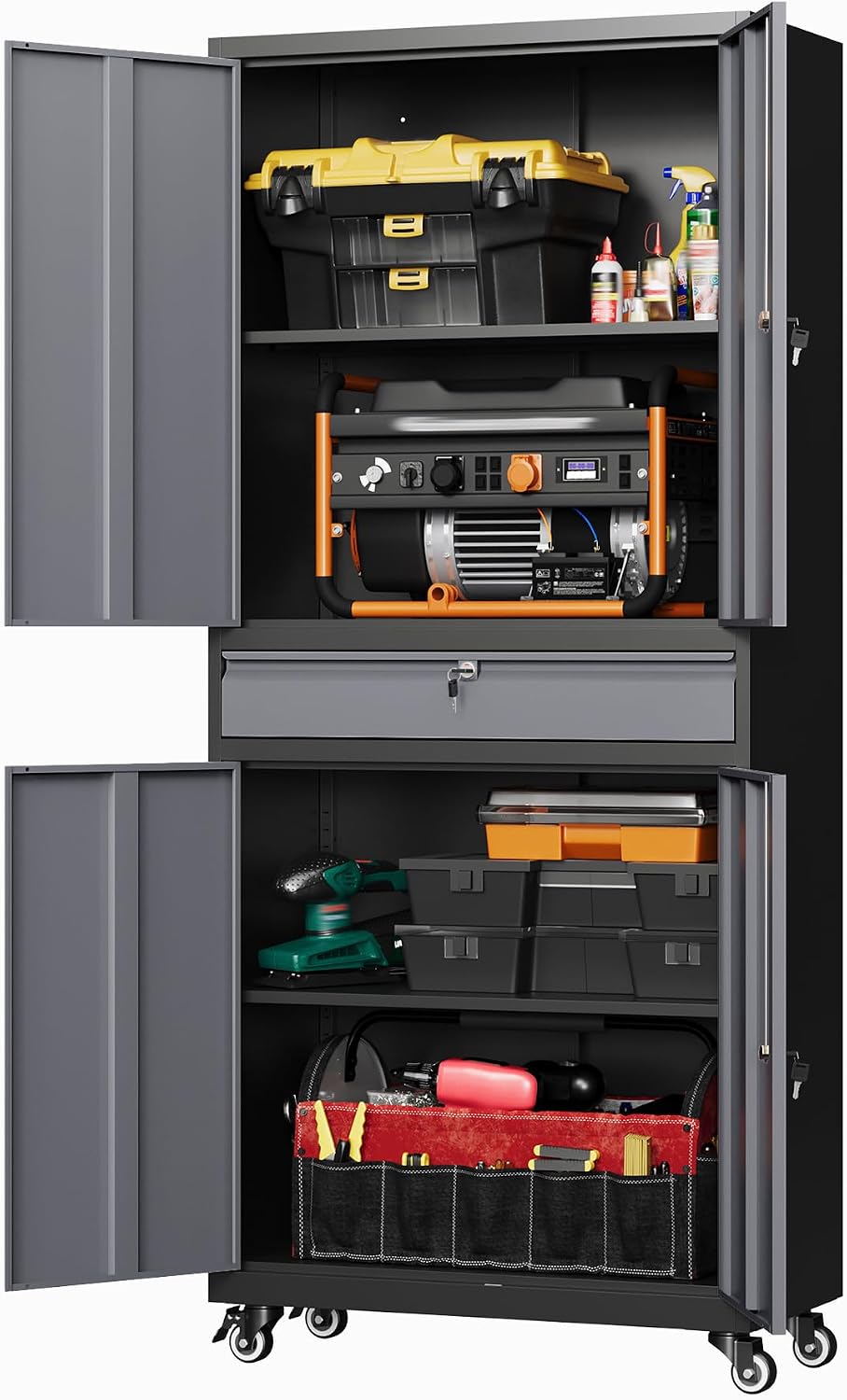 Letaya Metal Garage Storage Cabinet with Wheels,72' Rolling Tool Cabinet with 4 Door Lock-Adjustable Shelves and Drawer for Garage Home Office Utility Room (Black&Gray with Wheels)