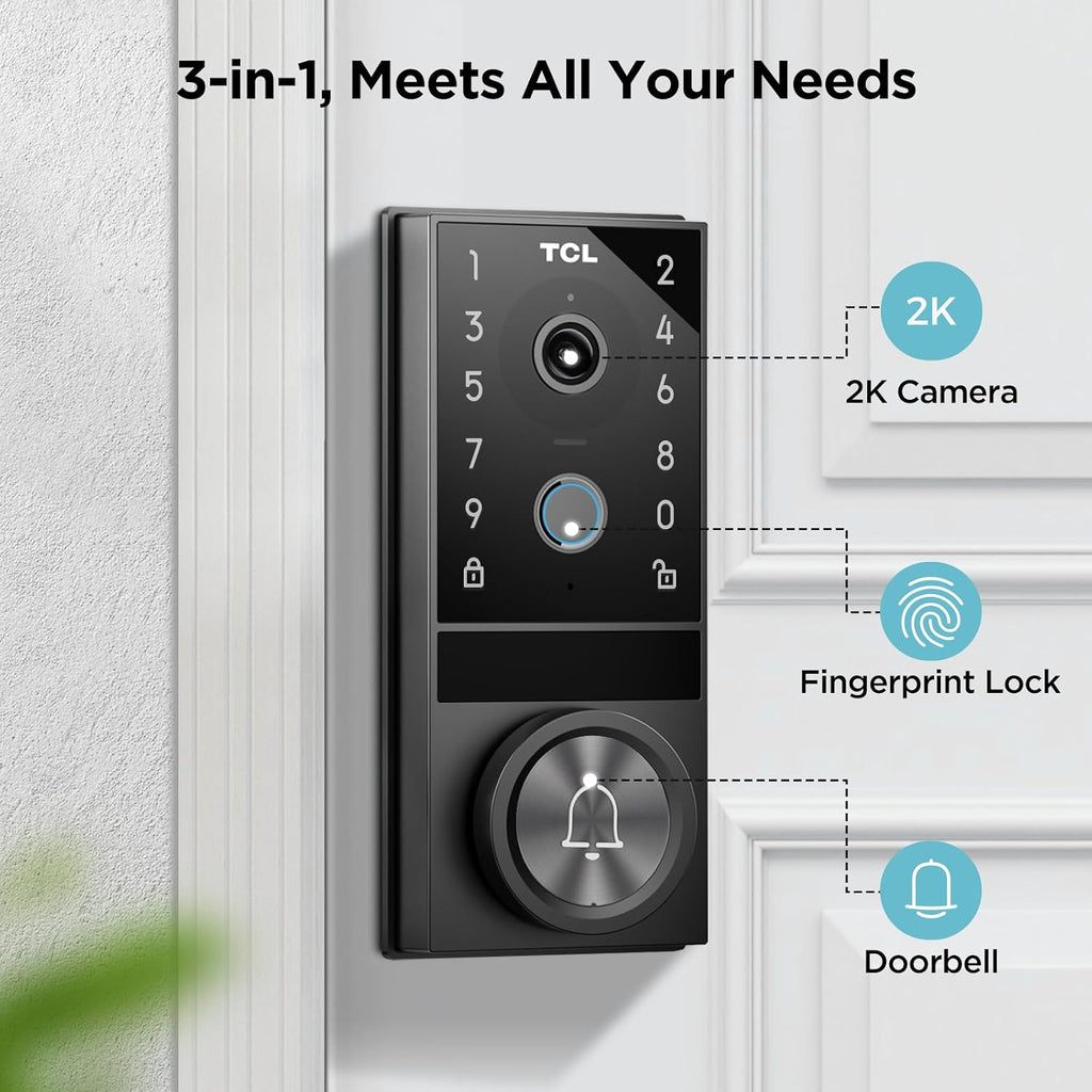 TCL D1 Max Security Video Smart Lock, 3-in-1 2K Camera, Doorbell & Fingerprint Keyless Entry Door Lock, WiFi Smart Door Lock with App Remote Control, PIR Motion Detection, Easy Installation