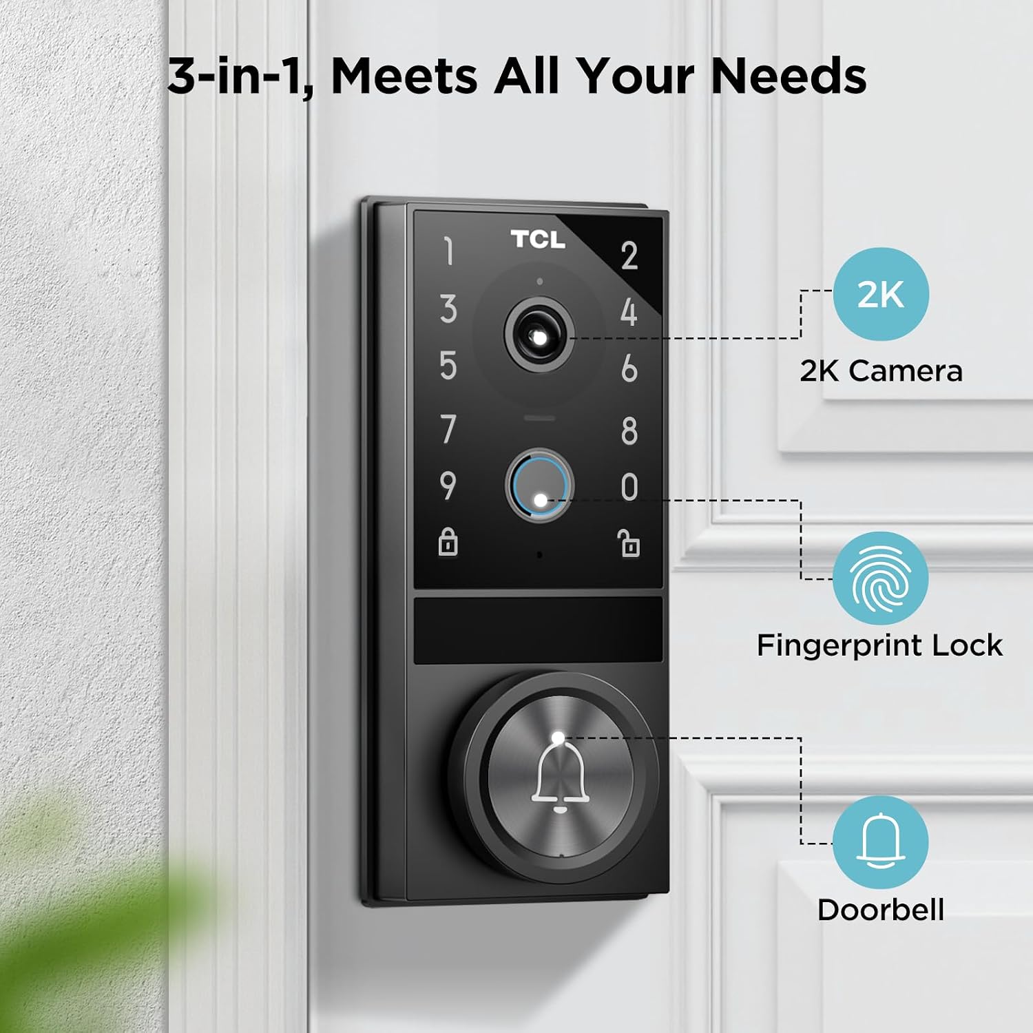 TCL D1 Max Security Video Smart Lock, 3-in-1 2K Camera, Doorbell & Fingerprint Keyless Entry Door Lock, WiFi Smart Door Lock with App Remote Control, PIR Motion Detection, Easy Installation