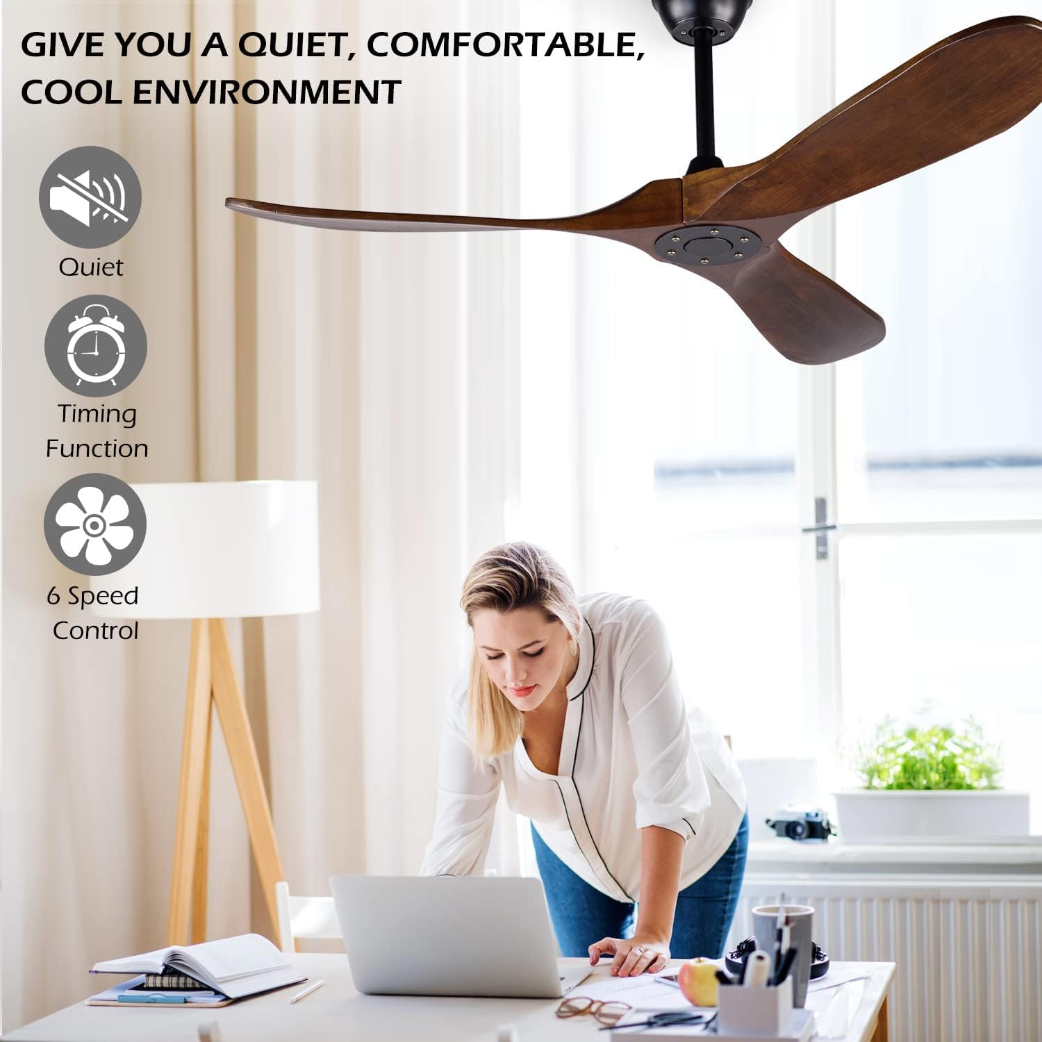 52 Inch Ceiling Fan No Light ，Wood Outdoor Ceiling Fans for Patios Living Room Bedroom 3 Blade Propeller Modern Ceiling Fan Without Light with remote Control(Walnut)