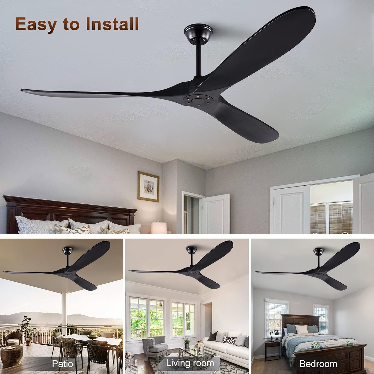 KBZZ 72 inch Modern Ceiling Fan, Wood Blades, Remote Control, Indoor Outdoor, Reversible DC Motor, 30 Decibels, 45W, 3 Speeds, 6 Timer Settings, for Living Room, Bedroom, Patio, Gazebo