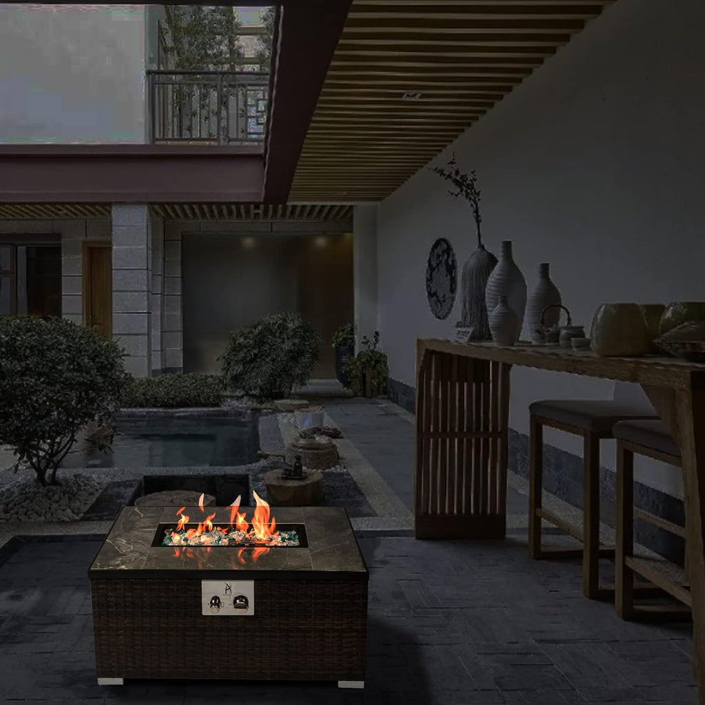 32'' Propane Fire Pit Table, Marble Textured Ceramic Tabletop, 50,000 BTU Fire Table with Brown Wicker, Mix Color Glass Rocks, Including Lid&Cover, Rectangle, Tank Required to Be Kept Outside