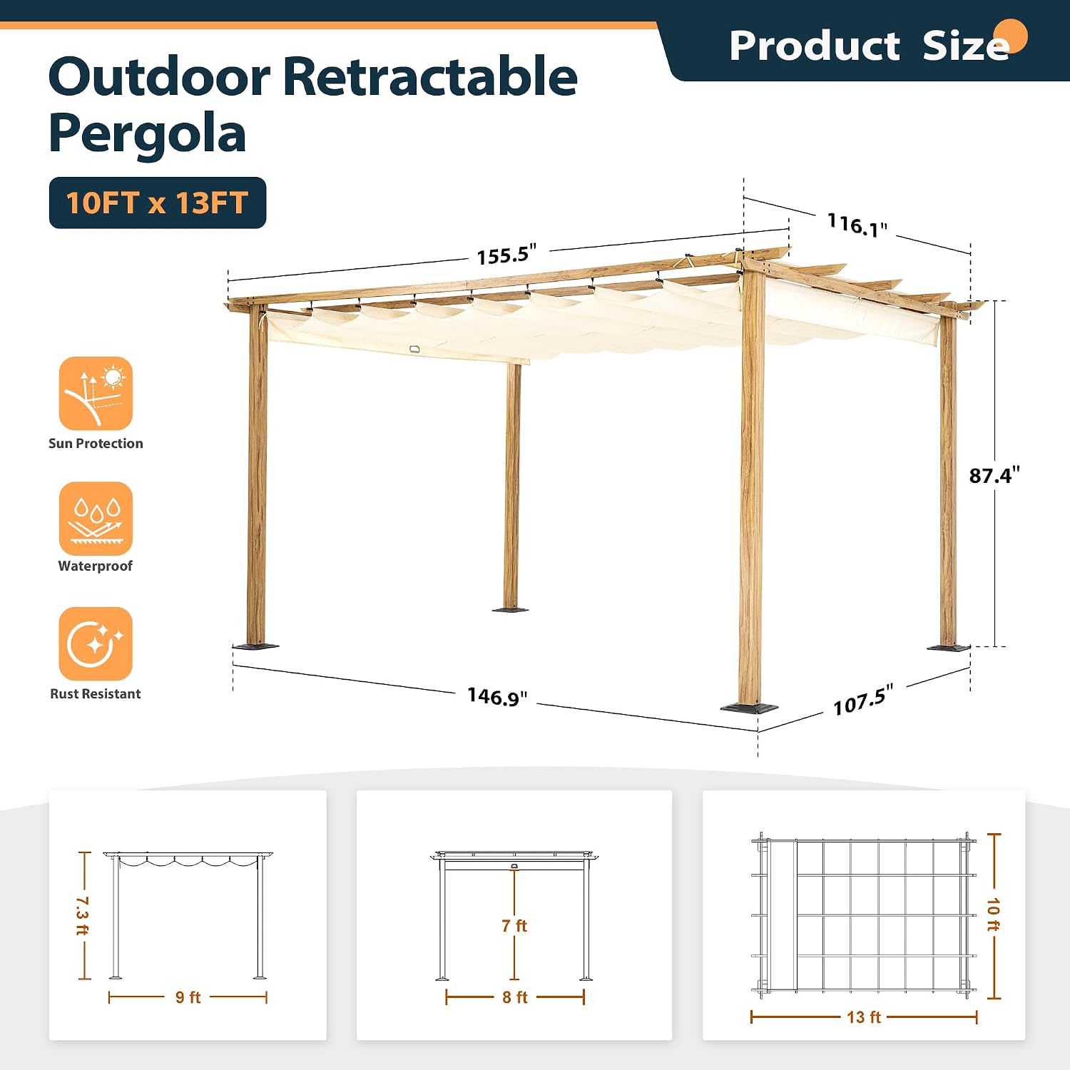 HAPPATIO 10' X 13' Wood-Grain Aluminum Pergola - Adjustable Sun Shade Canopy with Retractable Roof for Backyard, Deck, Patio, by The Pool（Beige）