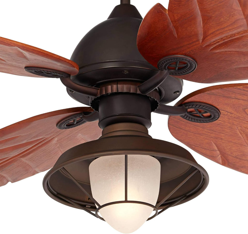 Casa Vieja 60' Casa Oak Creek Tropical Outdoor Ceiling Fan with LED Light Oil Rubbed Bronze Walnut Solid Wood Blade Frosted Glass Bowl Damp Rated for Cottage Core Patio Exterior House Porch Barn