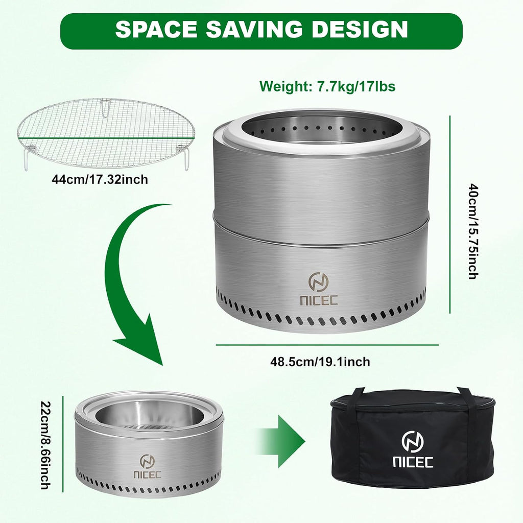 Nice C Fire Pits, 19.1 Inch Smokeless Fire Pits, Portable Fire Pit, Outdoor Fire Pit, Tabletop Fire Pit, Wood Buring Fireplaces, Stainless Steel, with Grill Grate, Removable Ash Tray & Carry Bag