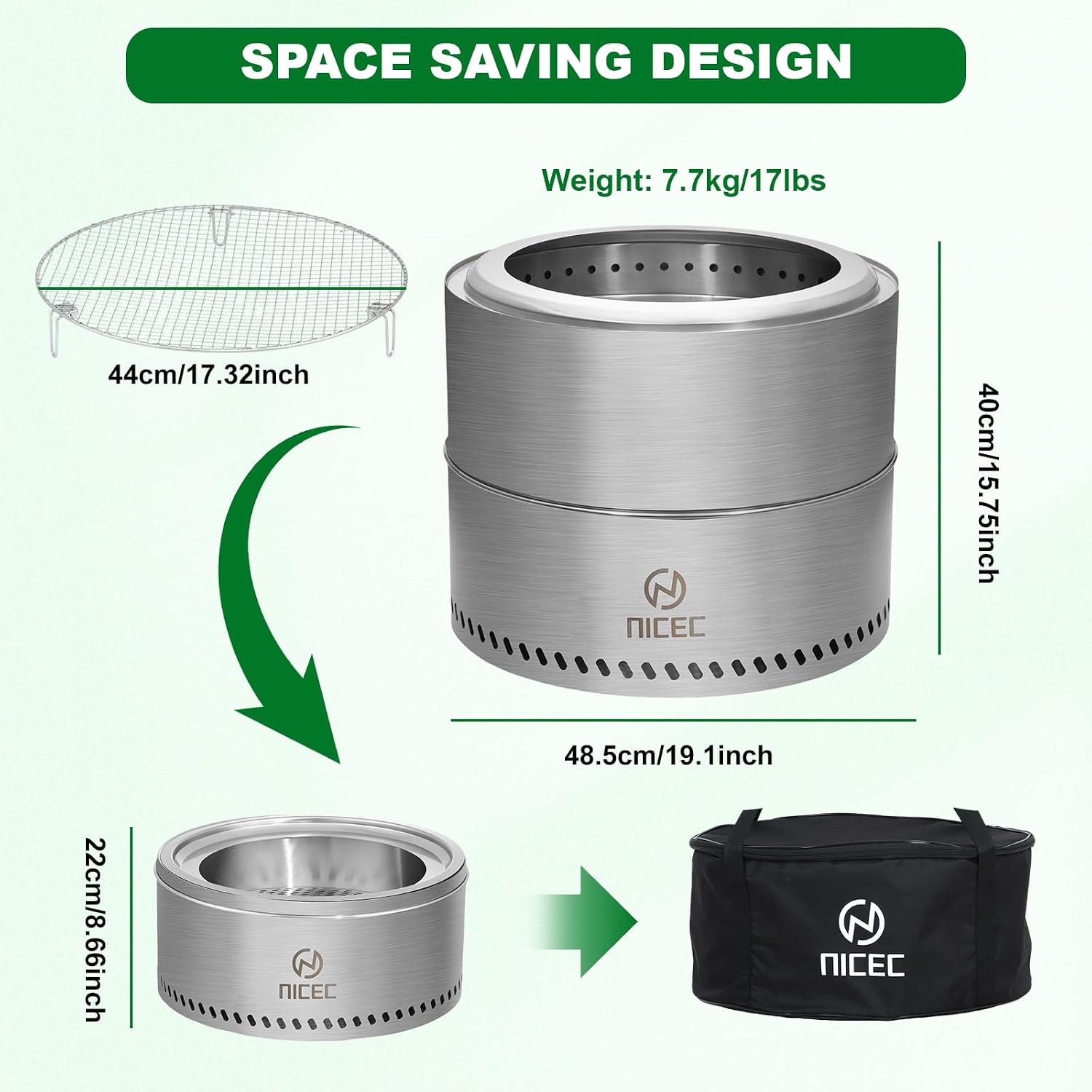 Nice C Fire Pits, 19.1 Inch Smokeless Fire Pits, Portable Fire Pit, Outdoor Fire Pit, Tabletop Fire Pit, Wood Buring Fireplaces, Stainless Steel, with Grill Grate, Removable Ash Tray & Carry Bag