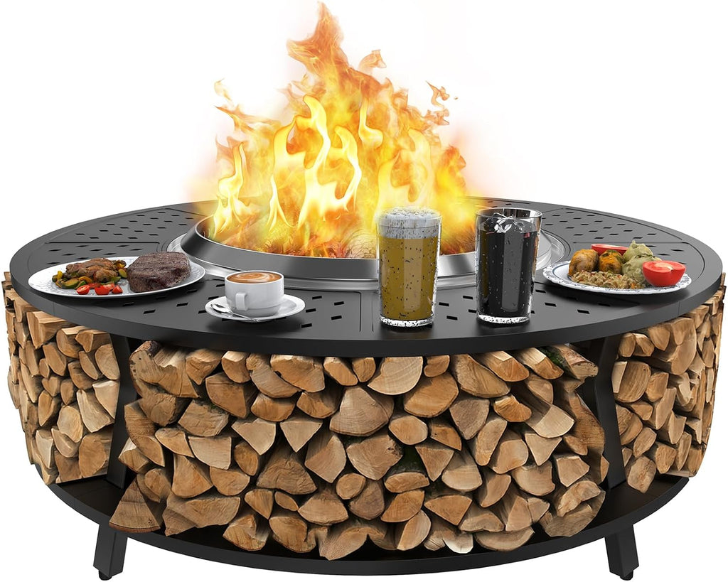 Uniflasy 48' Fire Pit Surround Tabletop for Solo Stove Yukon, Bonfire & Tiki, Portable Protective Barrier Equal Width Design with Firewood Storage Shelf for Safety & Extra Space, Outdoor FirePit Table