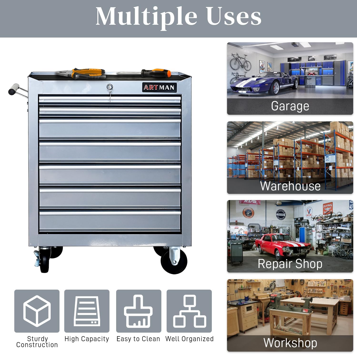 Rolling Tool Chest with 7-Drawer Tool Box with Wheels Multifunctional Tool Cart Mechanic Tool Storage Cabinet for Garage, Warehouse, Workshop, Repair Shop (Silver)