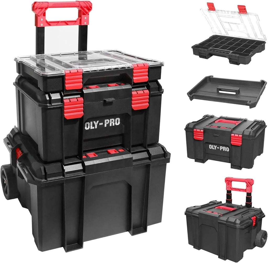 Modular Tool Box Storage System, Rolling Stackable Toolbox with Wheels, Heavy-Duty Plastic Organizer with Drawers for Garage or Truck, Black